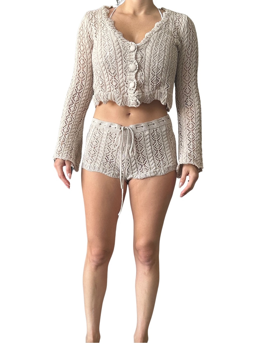 SNDYS-revolve Crochet Knit Lounge Set - Cream Long Sleeve Top & Shorts size S
